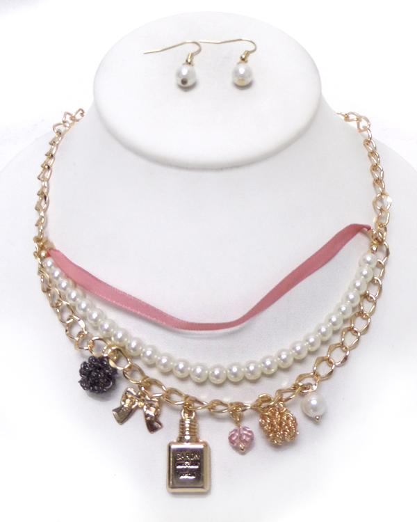 PERFUME BOTTLE AND MULTI CHARM AND PEARL CHAIN NECKLACE SET