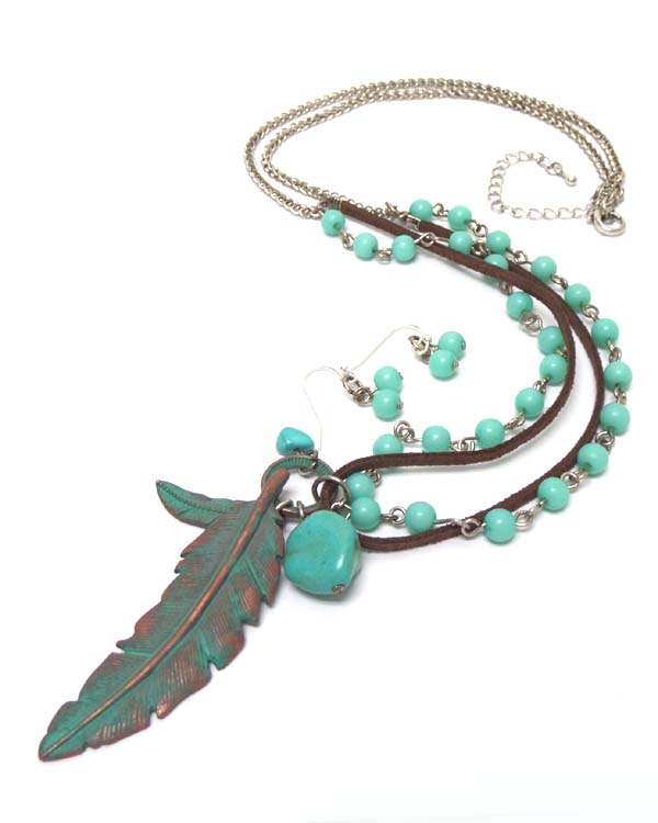 2 layer turquoise beads and suede feather necklace set 