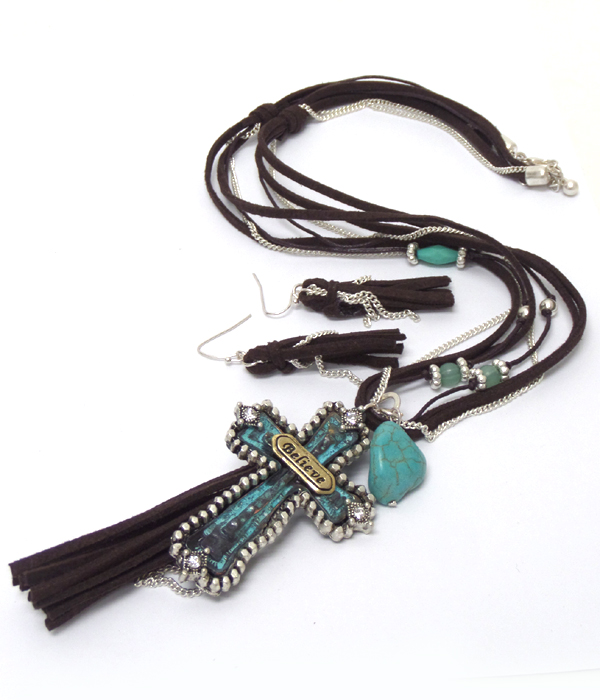 Cross charm double chain and suede necklace set 