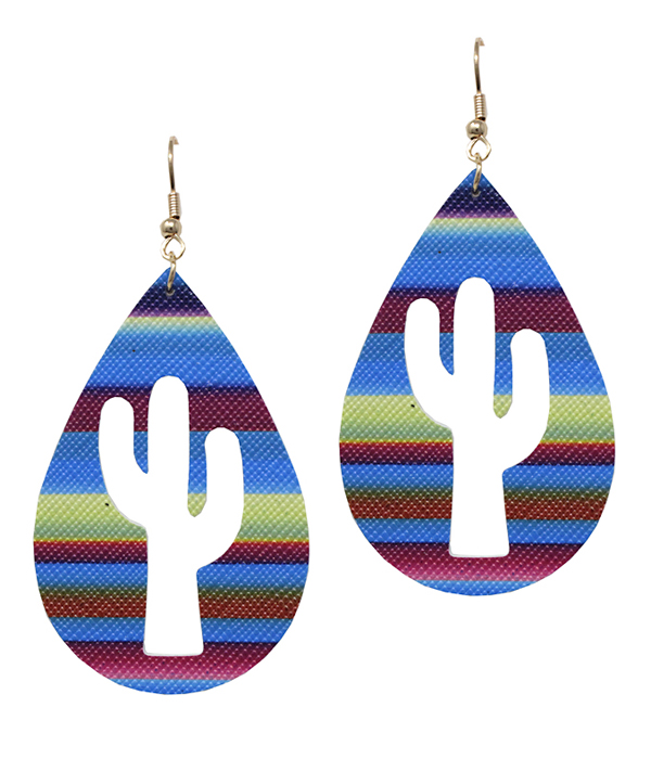 FAUX LEATHER RAINBOW CACTUS CUT TEARDROP EARRING