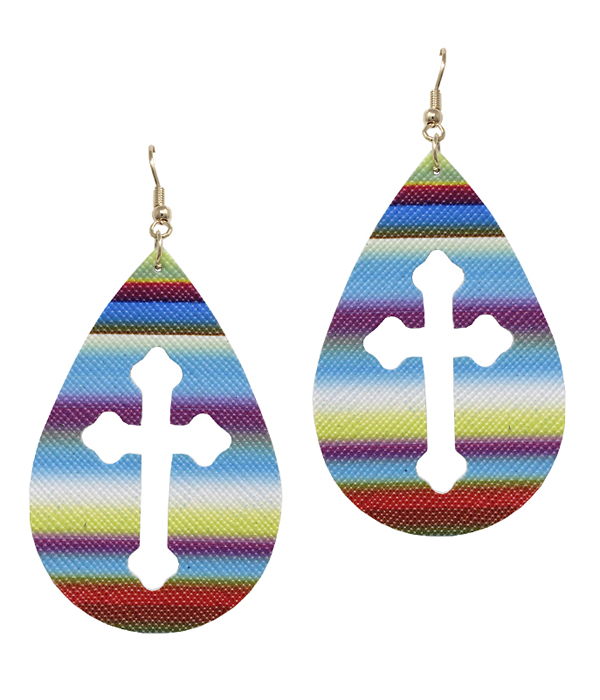 FAUX LEATHER RAINBOW CROSS CUT TEARDROP EARRING