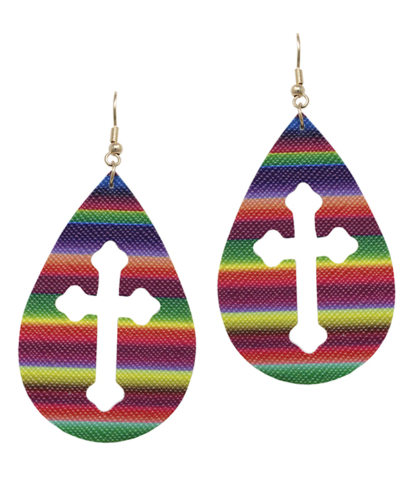 FAUX LEATHER RAINBOW CROSS CUT TEARDROP EARRING