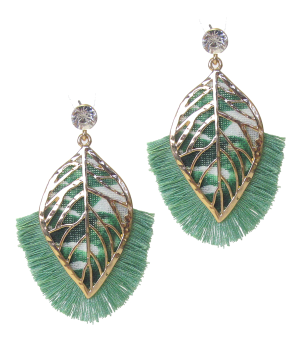 FABRIC AND METAL LEAF AND TASSEL DROP EARRING