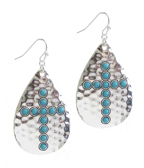 WESTERN THEME HAMMERED METAL TEARDROP EARRING - CROSS