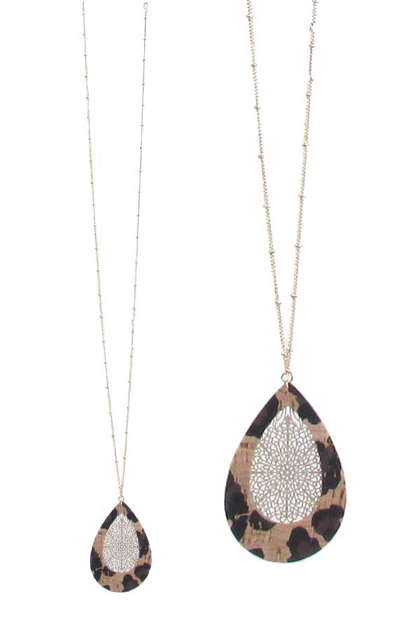 Metal filigree and cork teardrop long necklace - brass