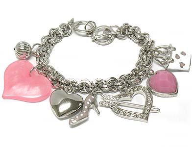 Crystal side deco heart and  heart and epoxy coverd shoe and bag charm toggle bracelet