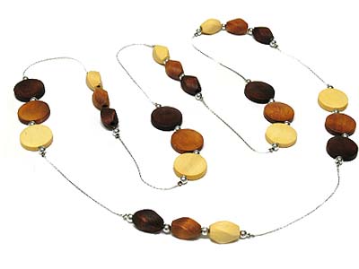 Wood round disk and nugget linked long necklace