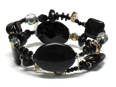 Semi precious stone and acrylic bead double bracelet- onyx