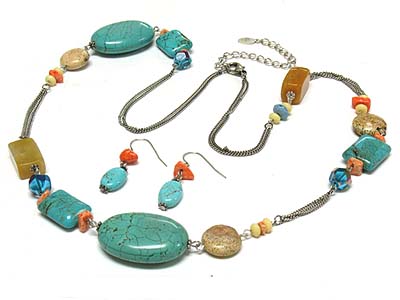 Multi turqoise stone linked dual strand necklace