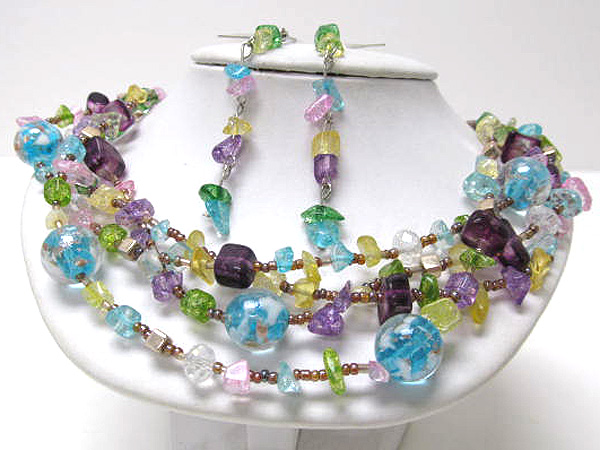 MULTI SEED BEADS AND MURANO GLASS WITH CHIP STONE NECKLACE EARRING SET