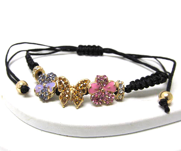 Crystal flower and butterfly theme and braided yarn friendship bracelet