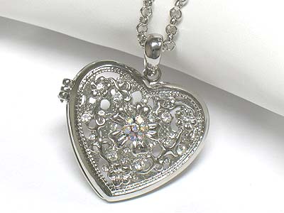 Crystal deco metal filigree heart locket long necklace