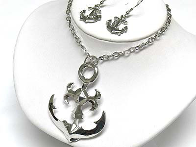 Metal anchor pendant long necklace and earring set