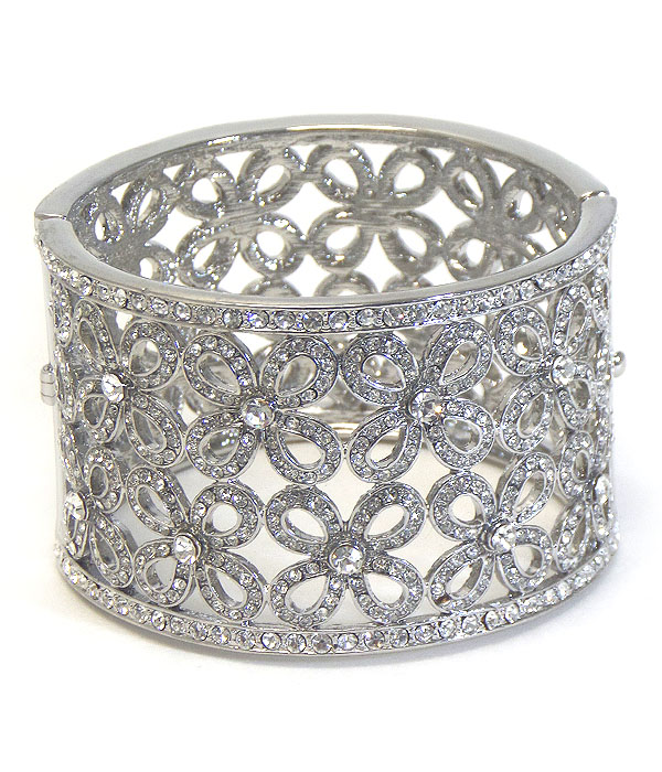 Multi crystal stud flower filigree wide bangle bracelet