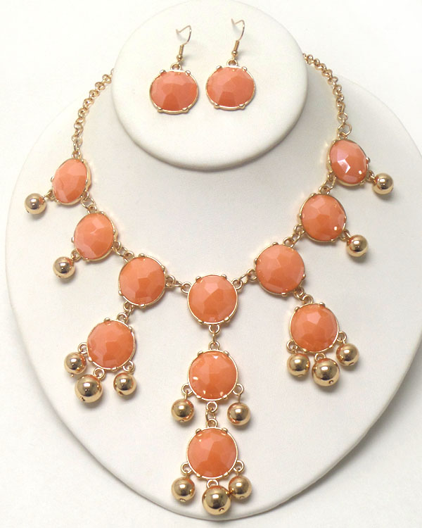 MULTI PUFFY STONE LINK DROP BUBBLE NECKLACE EARRING SET