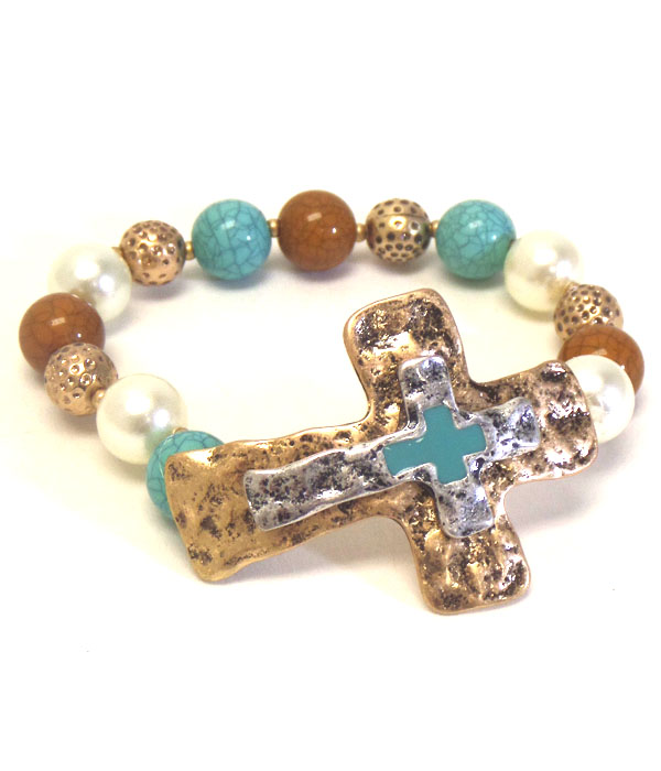 Vintage metal and religious inspiration cross stretch bracelet