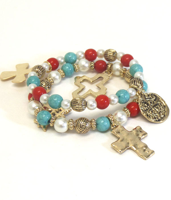 Vintage metal and religious inspiration cross double stretch bracelet