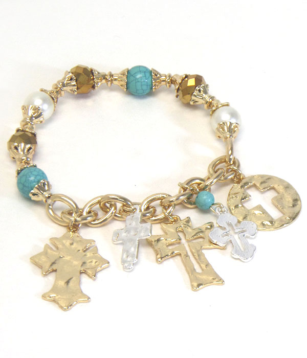 Hammered multi cross charm stretch bracelet