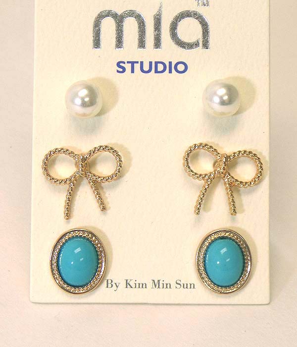 Pearl bow oval 3 pair earring set