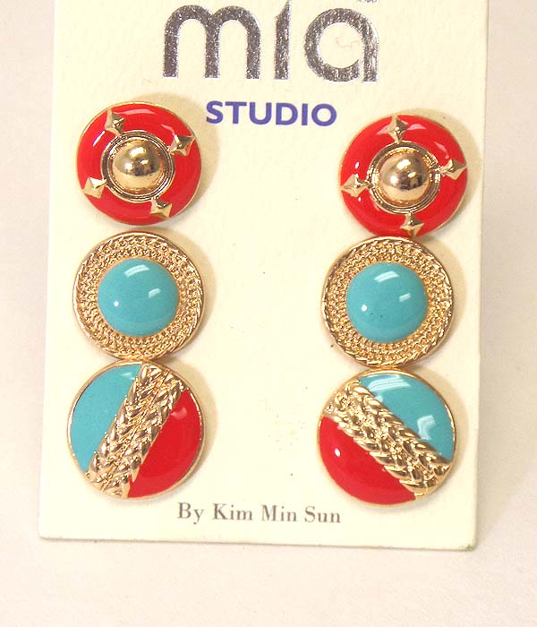 Tribal color epoxy metal button 3 pair earring set