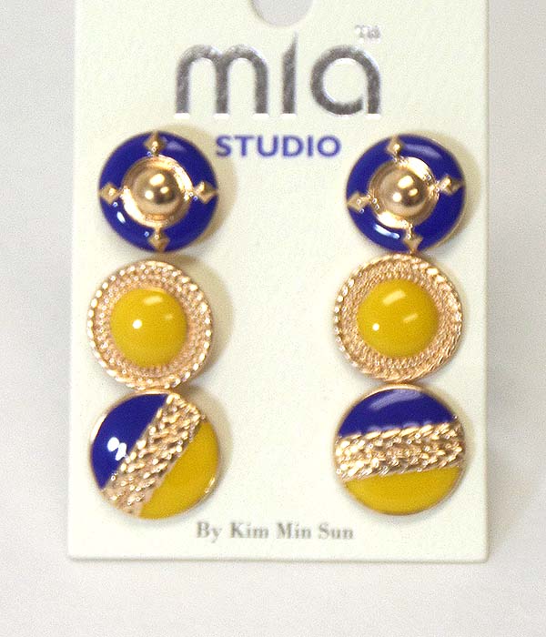 Tribal color epoxy metal button 3 pair earring set