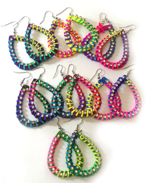 Sell by dozen - rhinestone and neon cord wrap 12 pair earring set mens jewelry