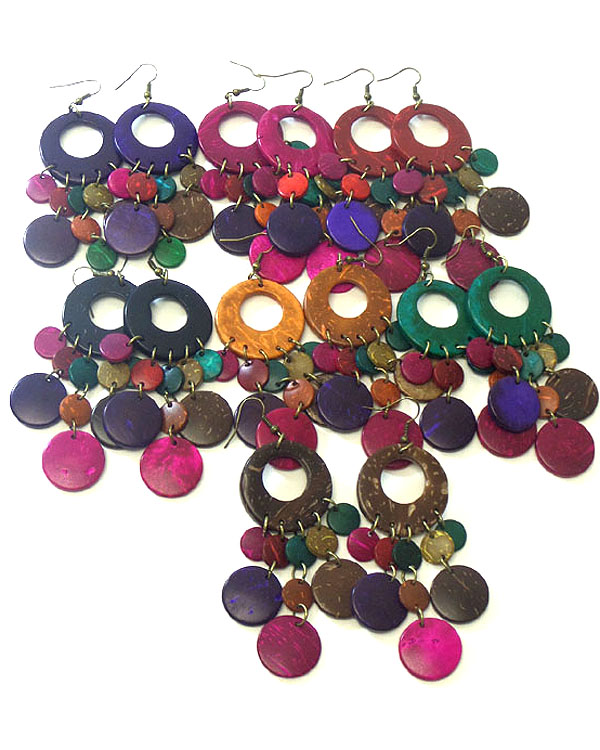 Sell by dozen - multi wood disk drop 12 pair earring set mens jewelry