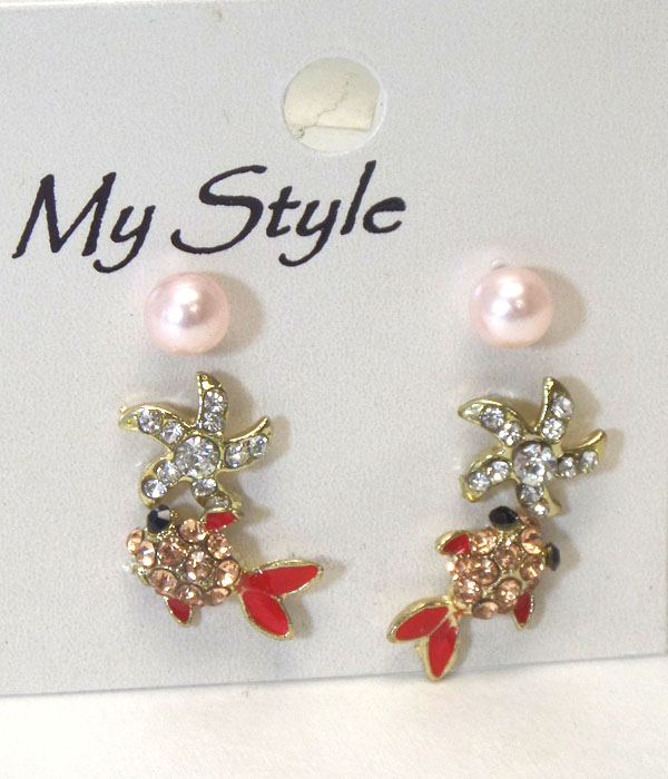 Crystal fish and starfish 3 pair earring set