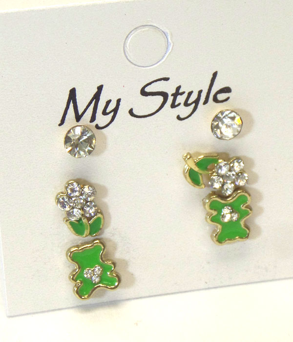 CRYSTAL FLOWER AND BEAR 3 PAIR EARRING SET