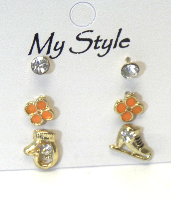 CRYSTAL GLOBE AND SKATE 3 PAIR EARRING SET