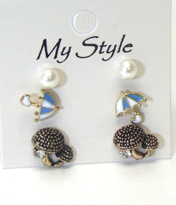 CRYSTAL MUSHROOM AND UMBRELLA 3 PAIR EARRING SET