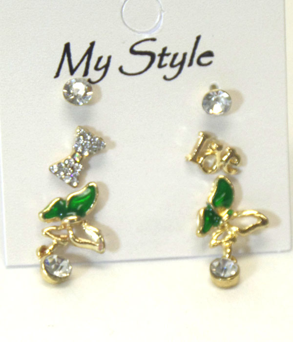 CRYSTAL BUTTERFLY AND BOW 3 PAIR EARRING SET