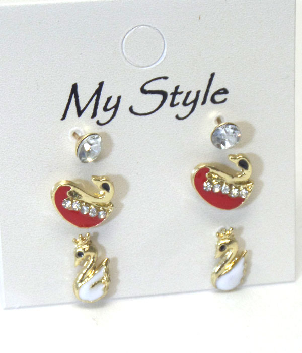 Crystal swan 3 pair earring set
