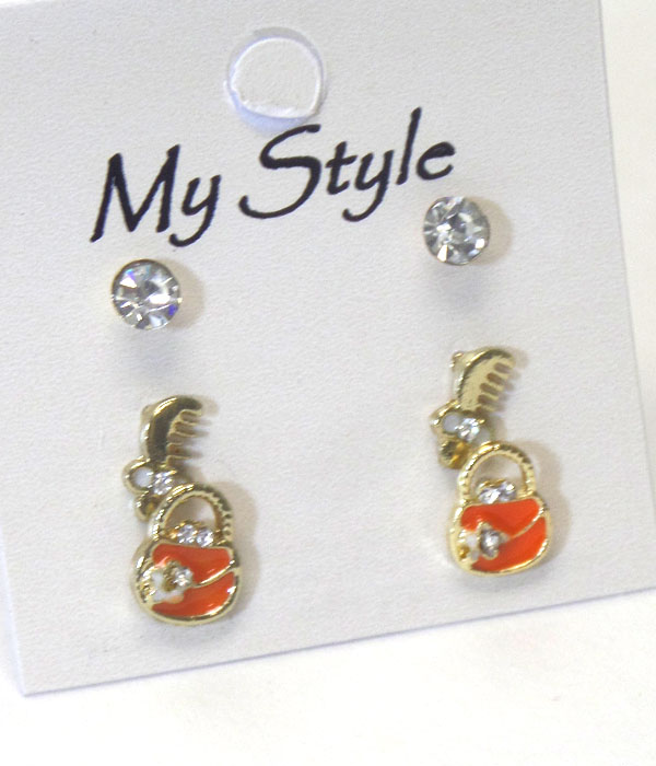 Crystal bag and comb 3 pair earring set