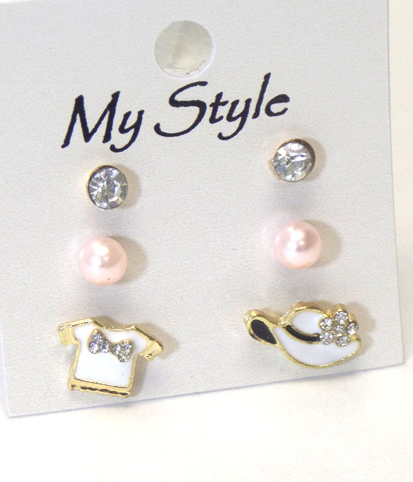 Crystal hat and shirt 3 pair earring set