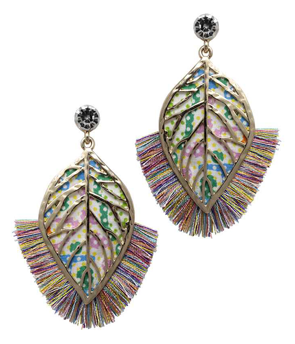 Fabric and metal leaf and tassel drop earring