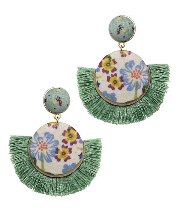 FLOWER PRINT FABRIC AND FAN TASSEL EARRING