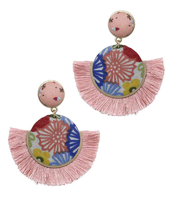 Flower print fabric and fan tassel earring