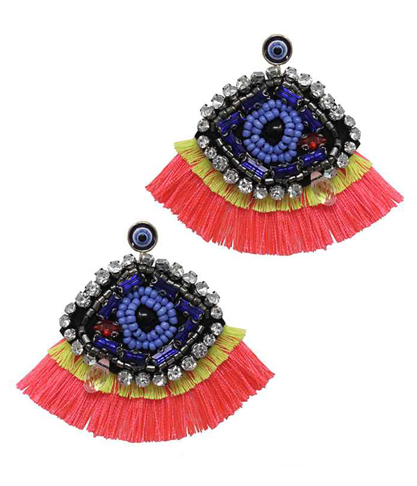 MULTI SEED BEAD EVIL EYE AND TASSEL EARRING