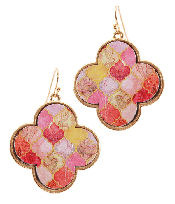 Moroccan print wood quatrefoil earring
