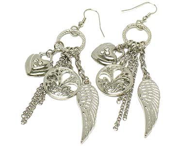 Fleur de lis and wing and crystal heart charm earring