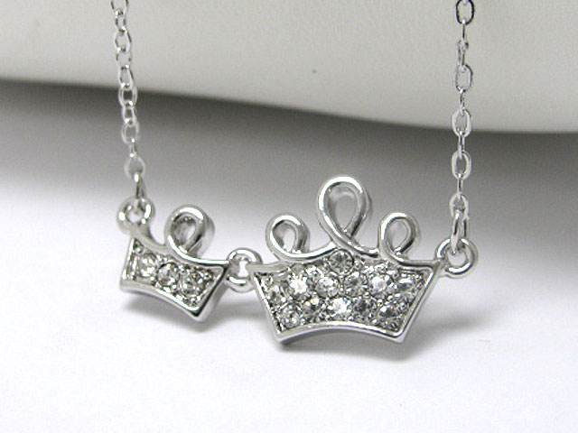 Made in korea whitegold plating crystal stud dual crown chain tied necklace