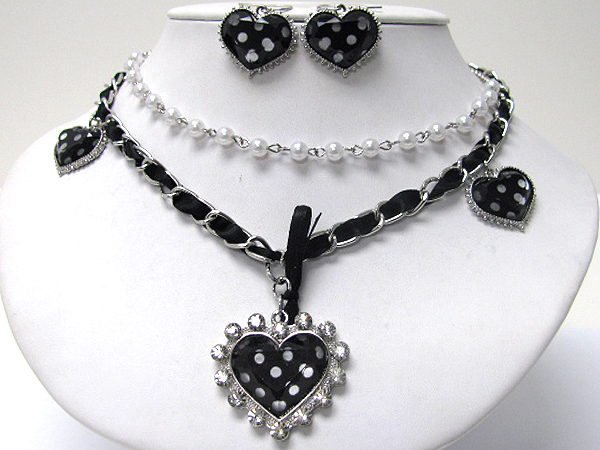 DESIGNER STYLE HEART AND SUEDE CORD AND CHAIN NECKLACE EARRING SET