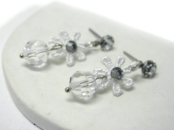SWAROVSKI CRYSTAL AND FABRIC FLOWER DROP EARRING - MADE IN USA