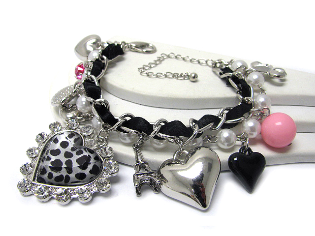 Designer style heart and suede cord and chain bracelet