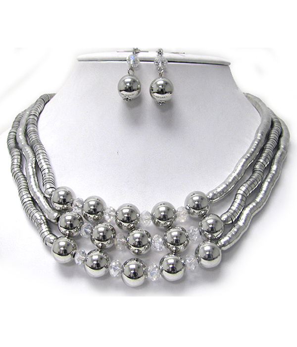 Architectural metal ball and triple snake chain link necklace earring set