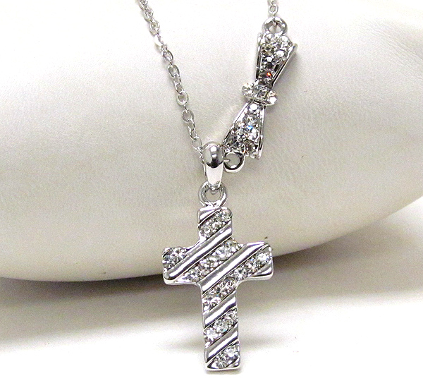 Made in korea whitegold plating and crystal deco cross and ribbon necklace