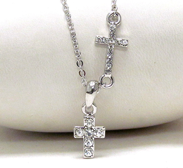 Made in korea whitegold plating and crystal deco dual cross necklace