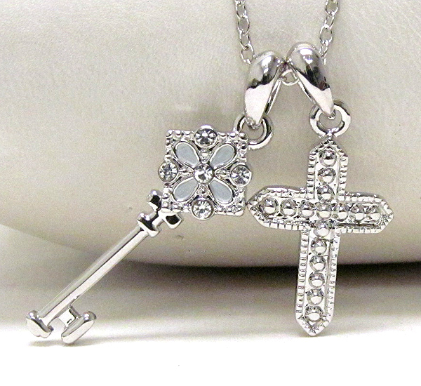 Made in korea whitegold plating and crystal deco cross and key pendant necklace