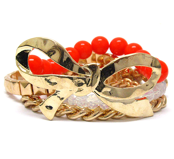 Metal ribbon and ball bead stretch bracelet set of 4